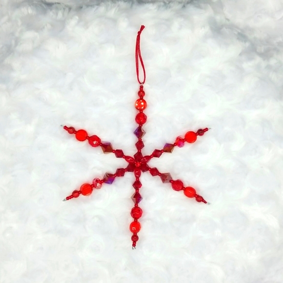 6 Hand Crafted Handmade Beaded Red & Green Snowflake Ornaments - Picture 2 of 12